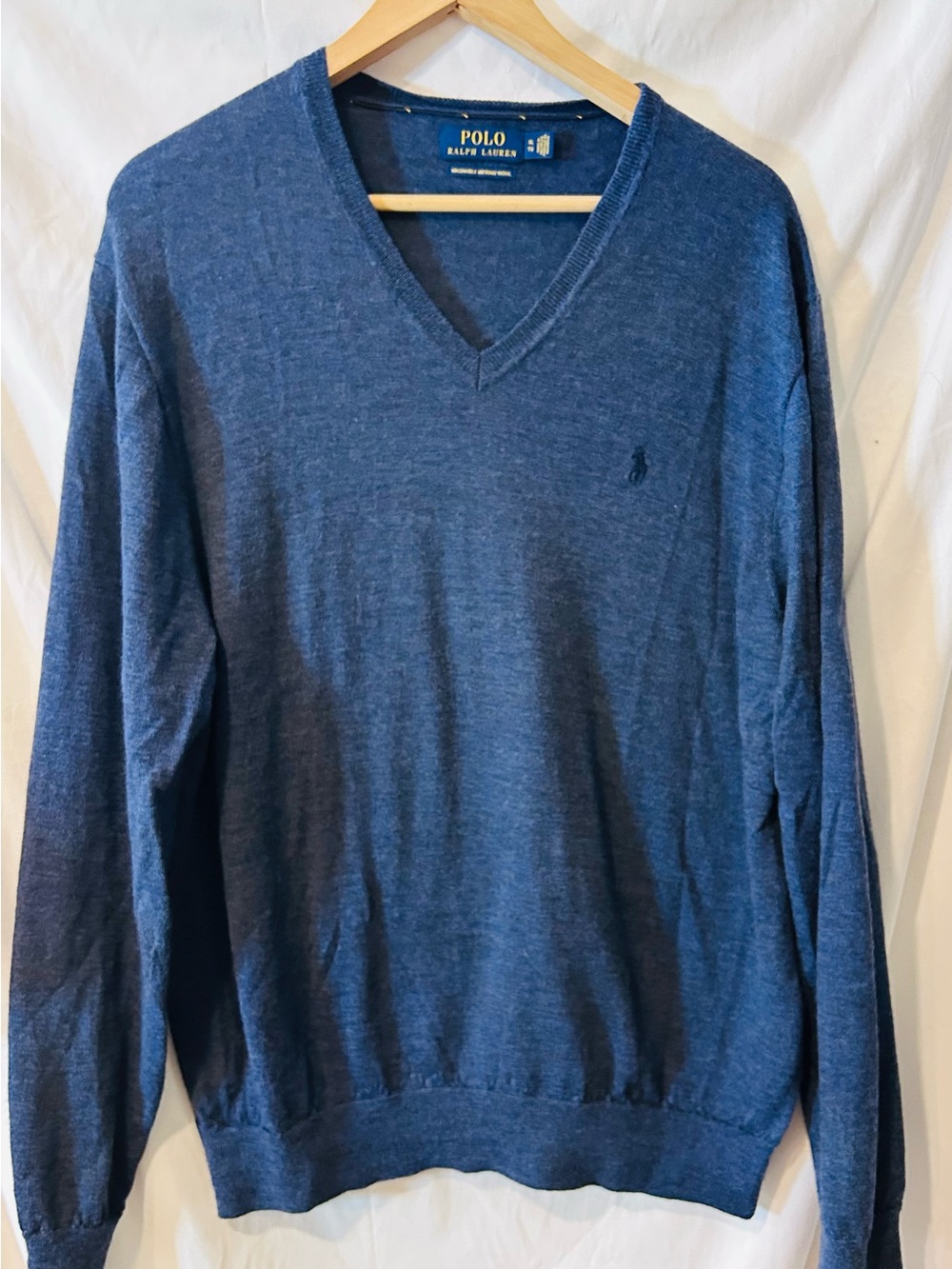 Polo Ralph Lauren Washable Merino Wool Sweatshirt Mens XL Blue V-Neck Sweater